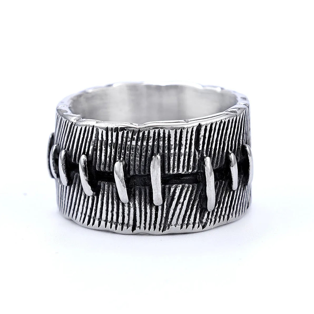 A geometric U-shaped titanium steel punk ring with a double ring design in a retro dark colour.