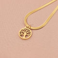 Stainless steel necklace with tree pendant on snake bone chain in gold or steel colour.