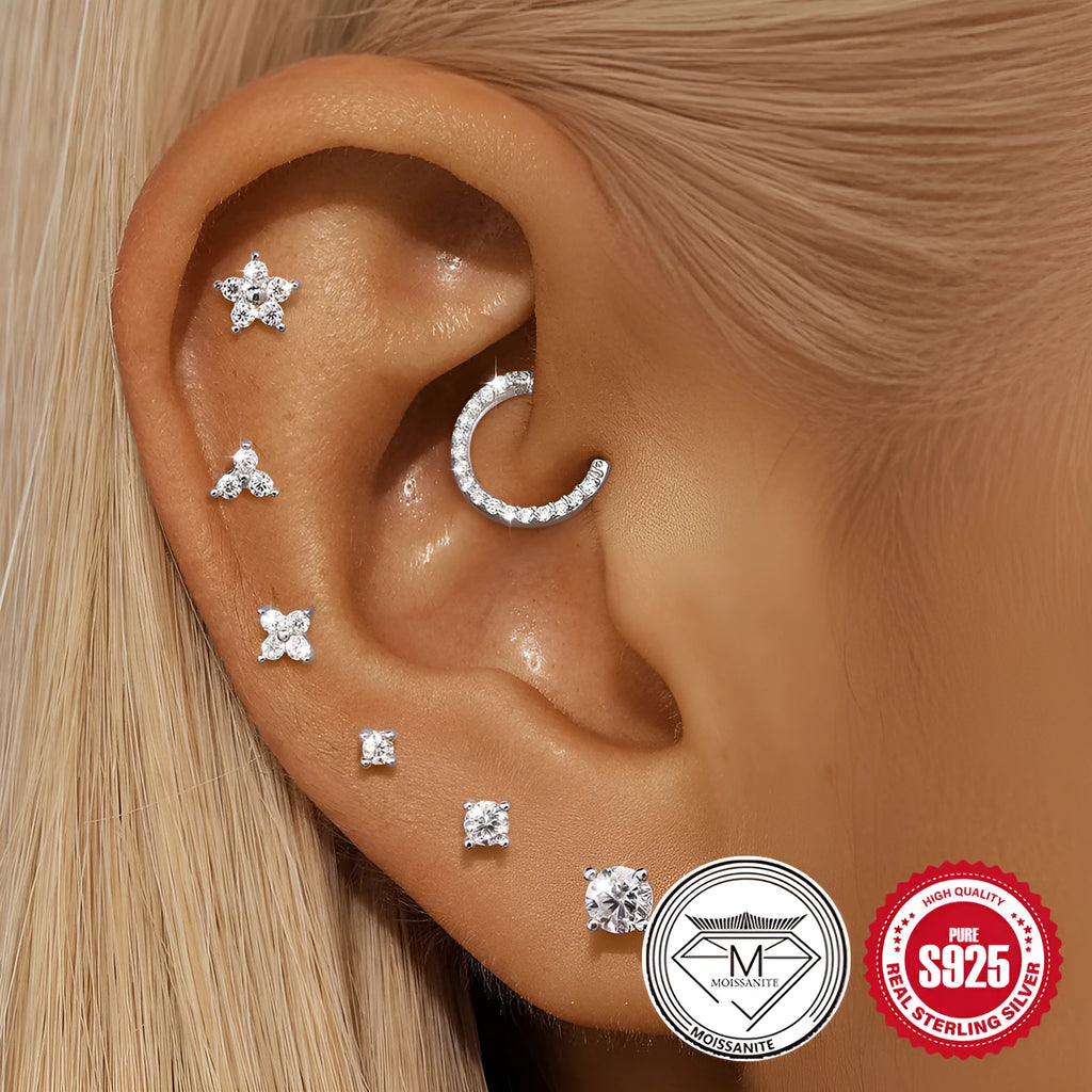 S925 sterling silver geometric stud earrings with petal diamond debris detailing in platinum colour finish