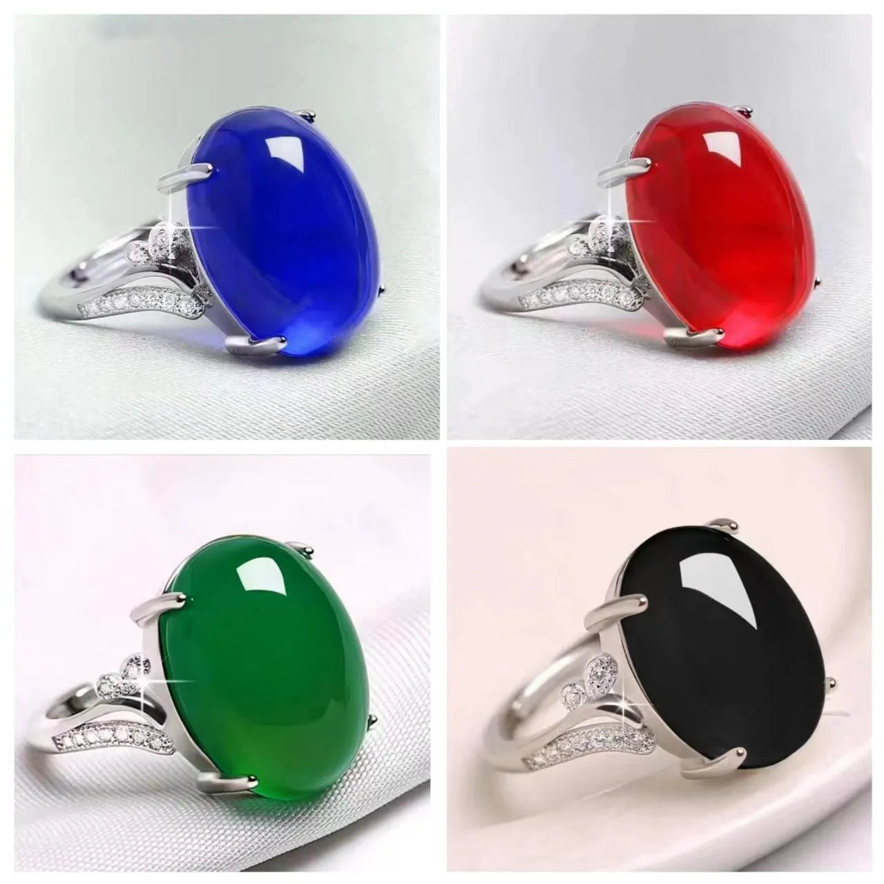 Geometric ethnic style adjustable alloy ring in one of five colours on a plain background.