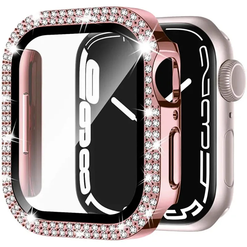 Apple Watch protective case with double diamond glass screen in rose gold colour for a 44mm model.