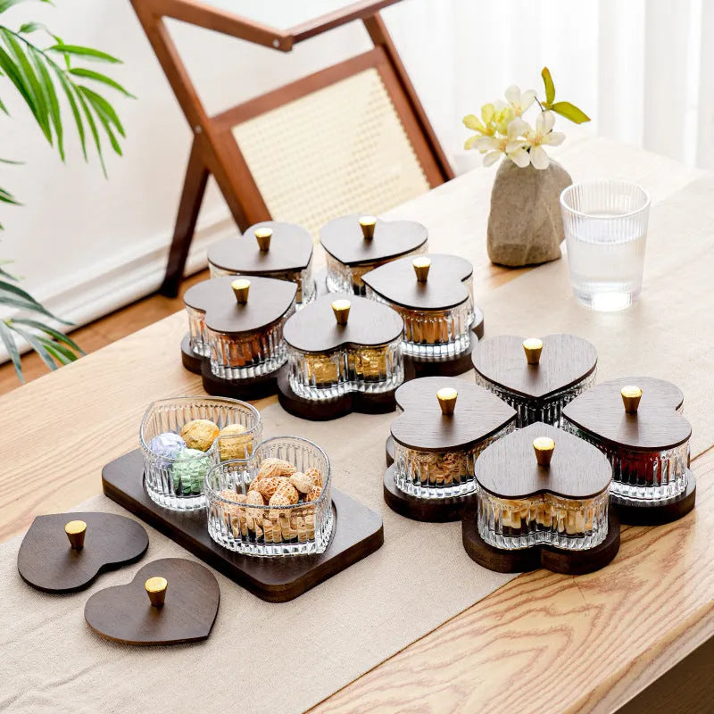 Glass retro serving platter with transparent heart-shaped lid showing multiple snack compartments