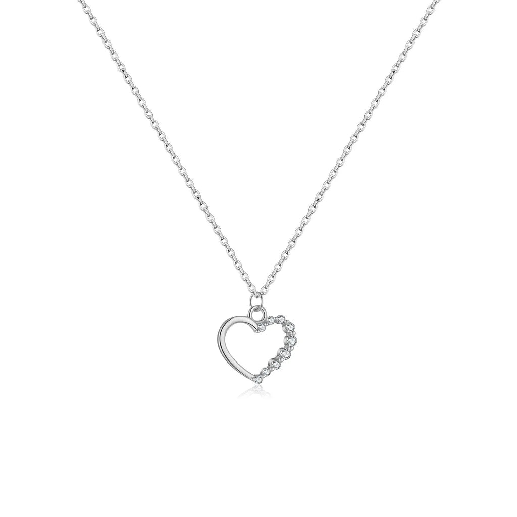 925 sterling silver hollow heart necklace with regular chain, available in white gold or platinum colour