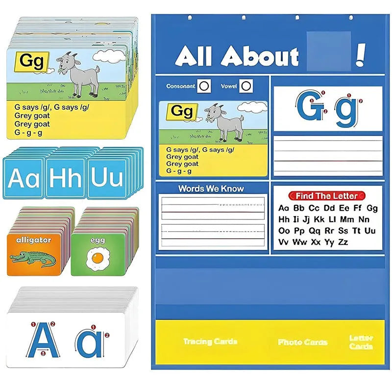 Blue alphabet learning sleeve table with word and letter cards laid out on its wipeable PVC surface.
