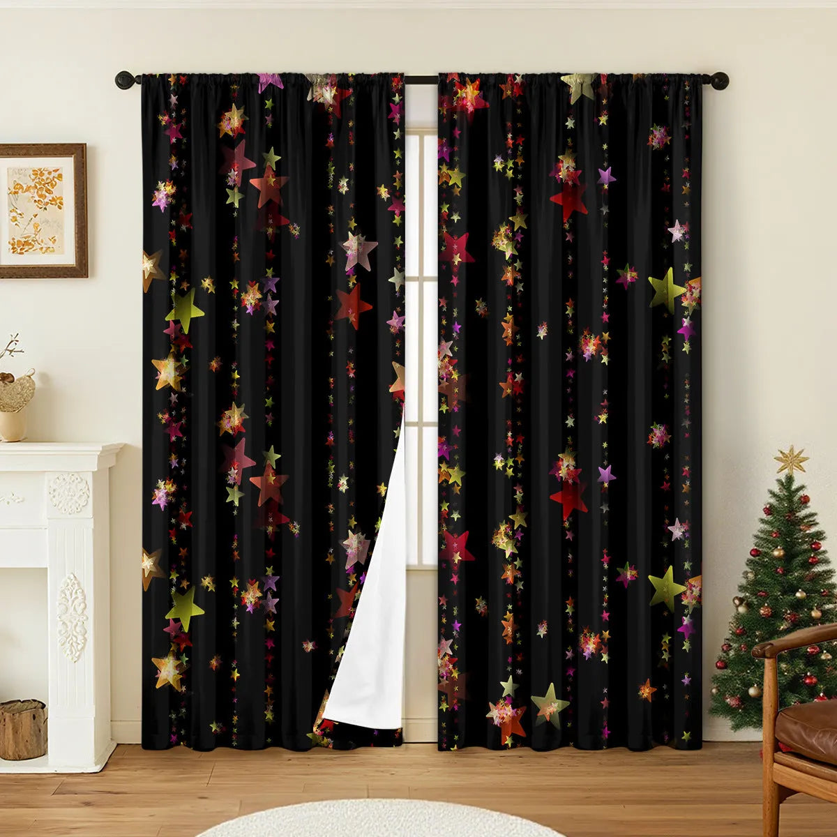 Pair of 3D digital printed polyester Christmas curtains with high sunshade capability in various sizes