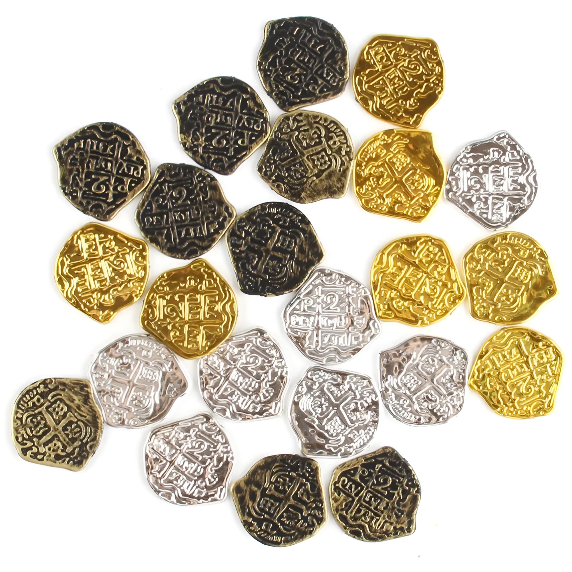 Three piles of Roman pirate coins showing bronze, gold and silver electroplated finishes on plastic bases