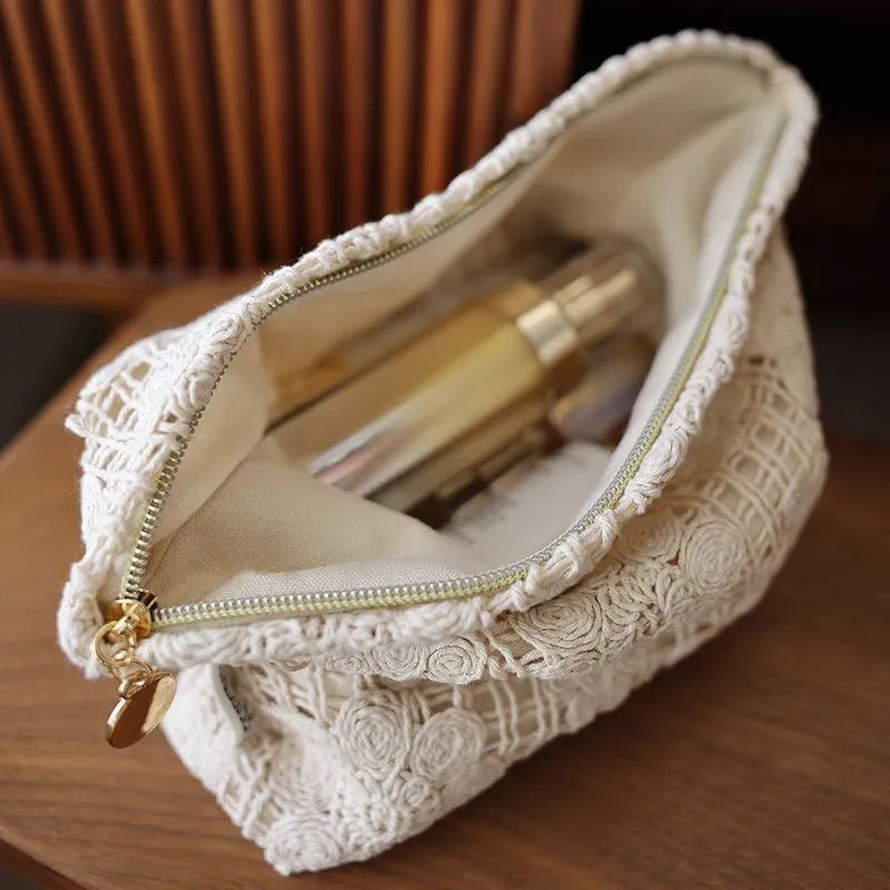 Handmade corduroy cosmetic bag with crocheted hollow flower pattern and ethnic embroidery in rope colour