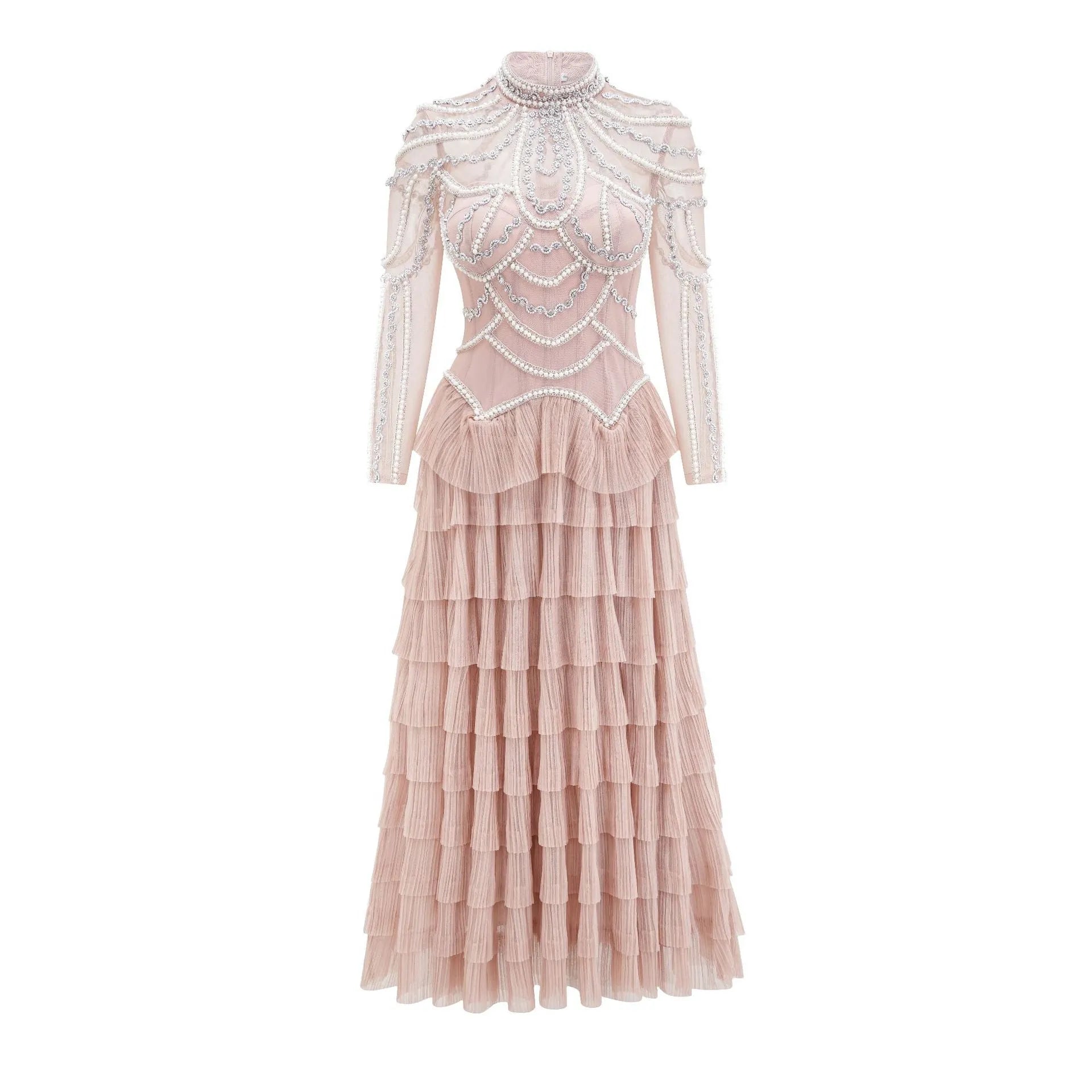 Women's black polyester dress with long sleeves, decorative beadwork, and mid waist design