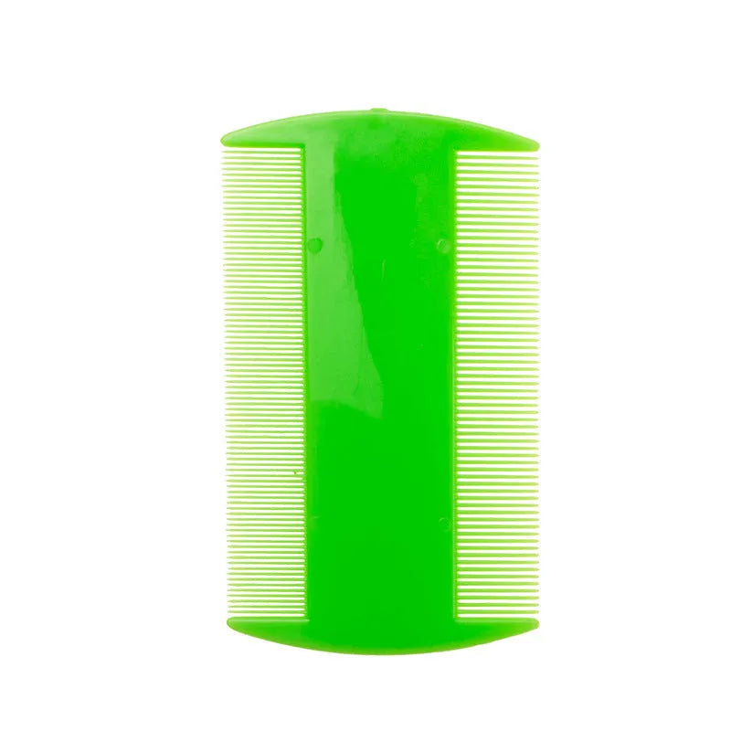 Plastic fine-toothed flea comb in assorted colours showing double-edged design for pet and human grooming