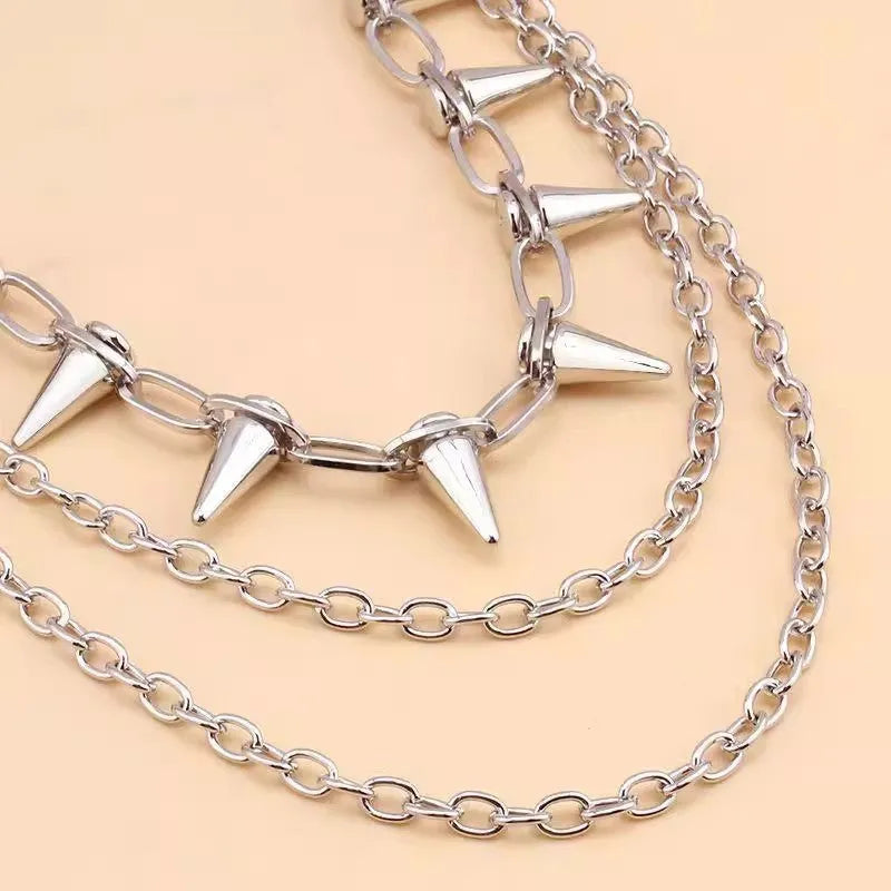 Silver metal double-layer pants chain with rivet details for punk hip hop style