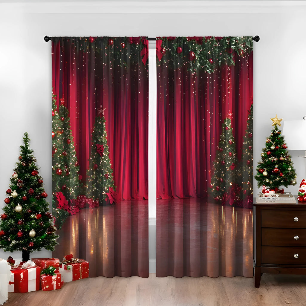 Pair of 3D digital printed polyester Christmas curtains with high sunshade capability in various sizes