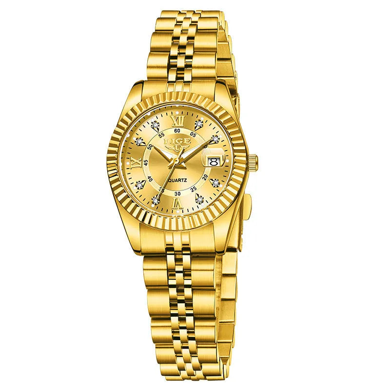 Women's quartz fashion watch in gold and silver colour options with 10mm thickness