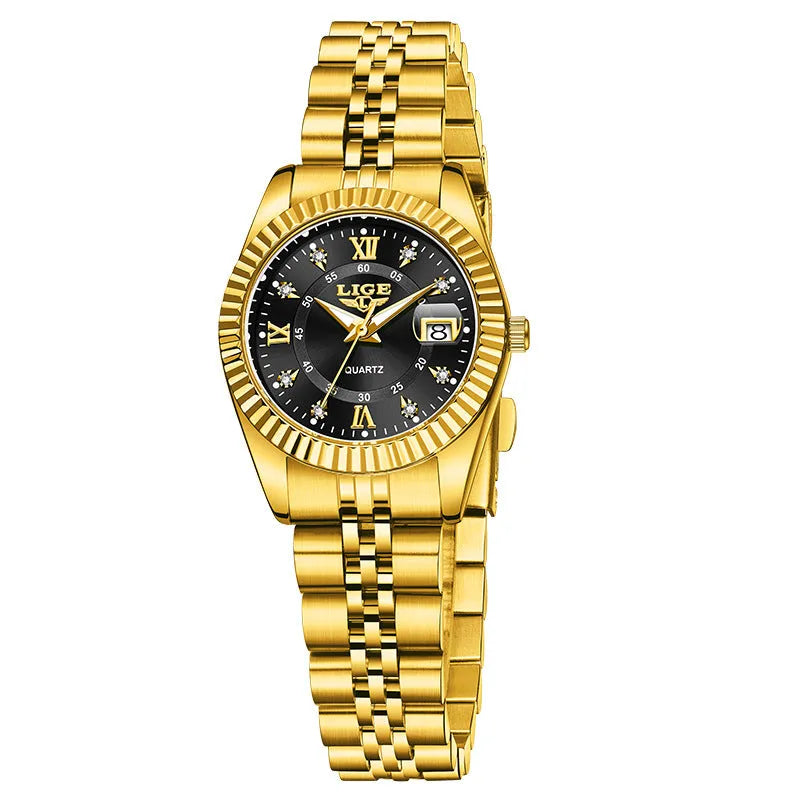 Women's quartz fashion watch in gold and silver colour options with 10mm thickness