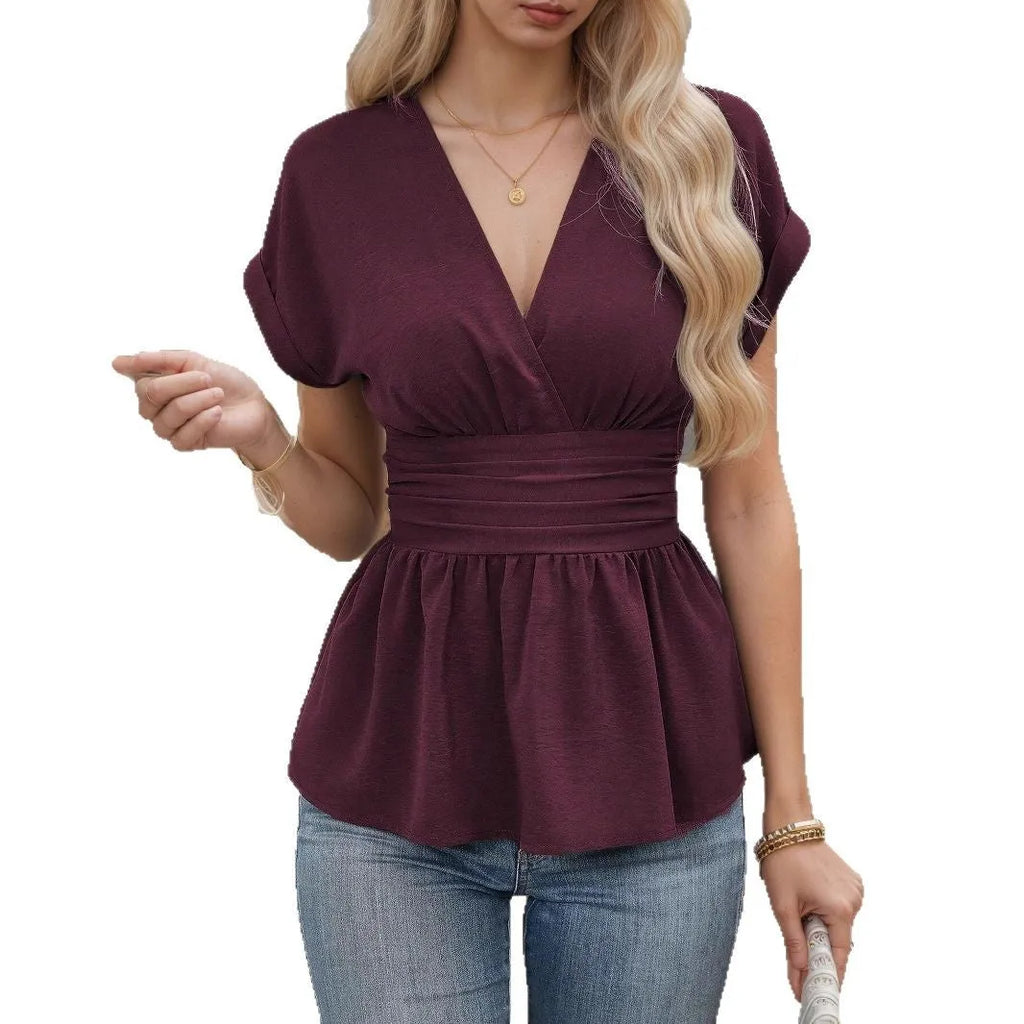 Women's slim fit V-neck short sleeve top in solid apricot colour.