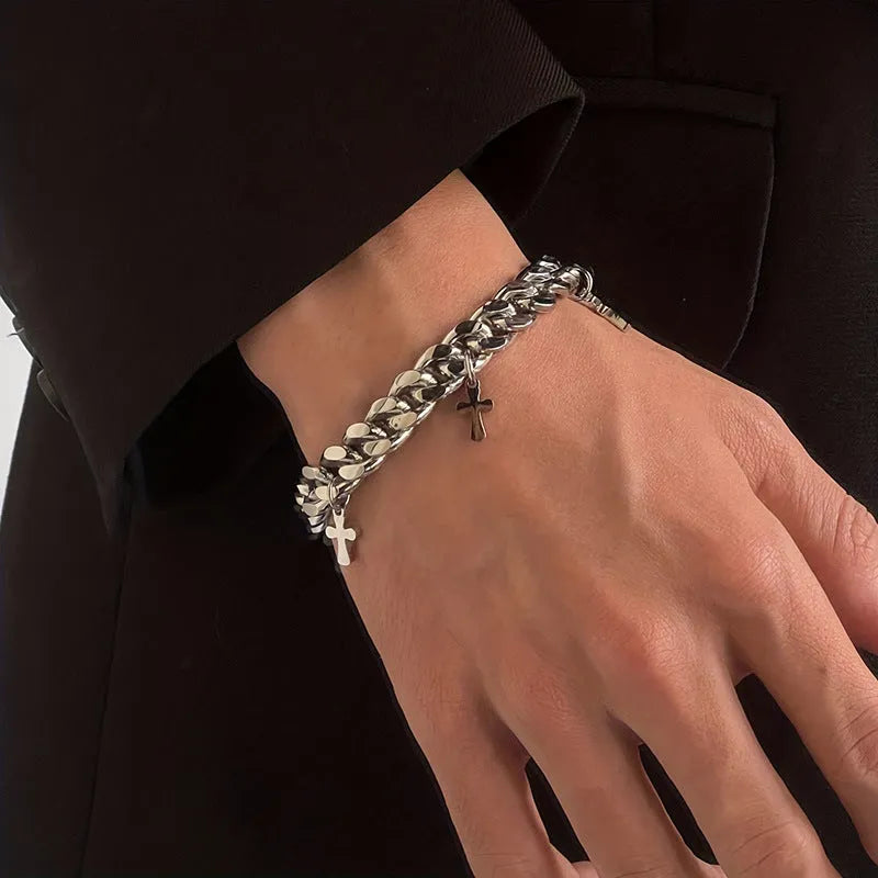 Men's titanium steel bracelet with geometric shape and cross design in a cold wind style.