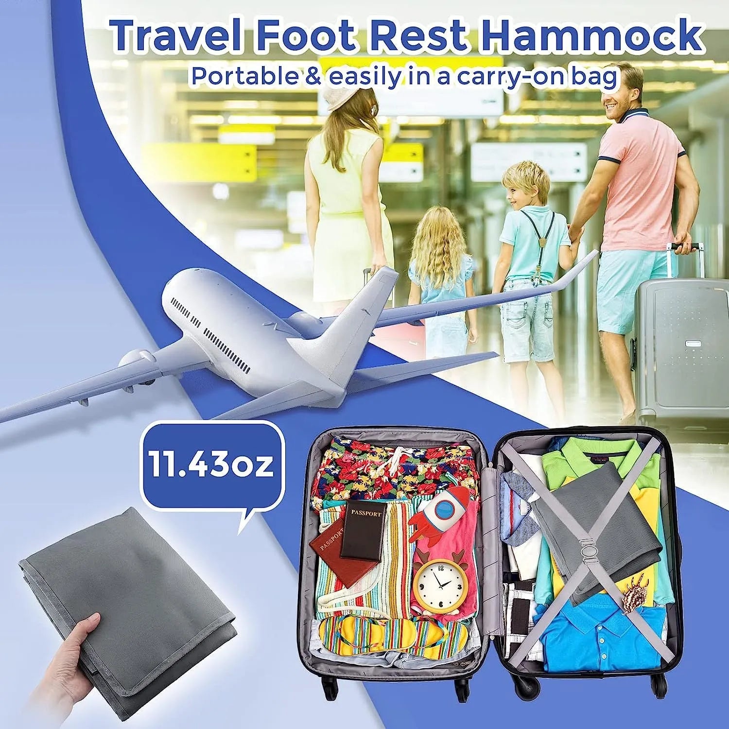 Portable blue children's aircraft seat extender with adjustable pedal device and matching drawstring pocket.