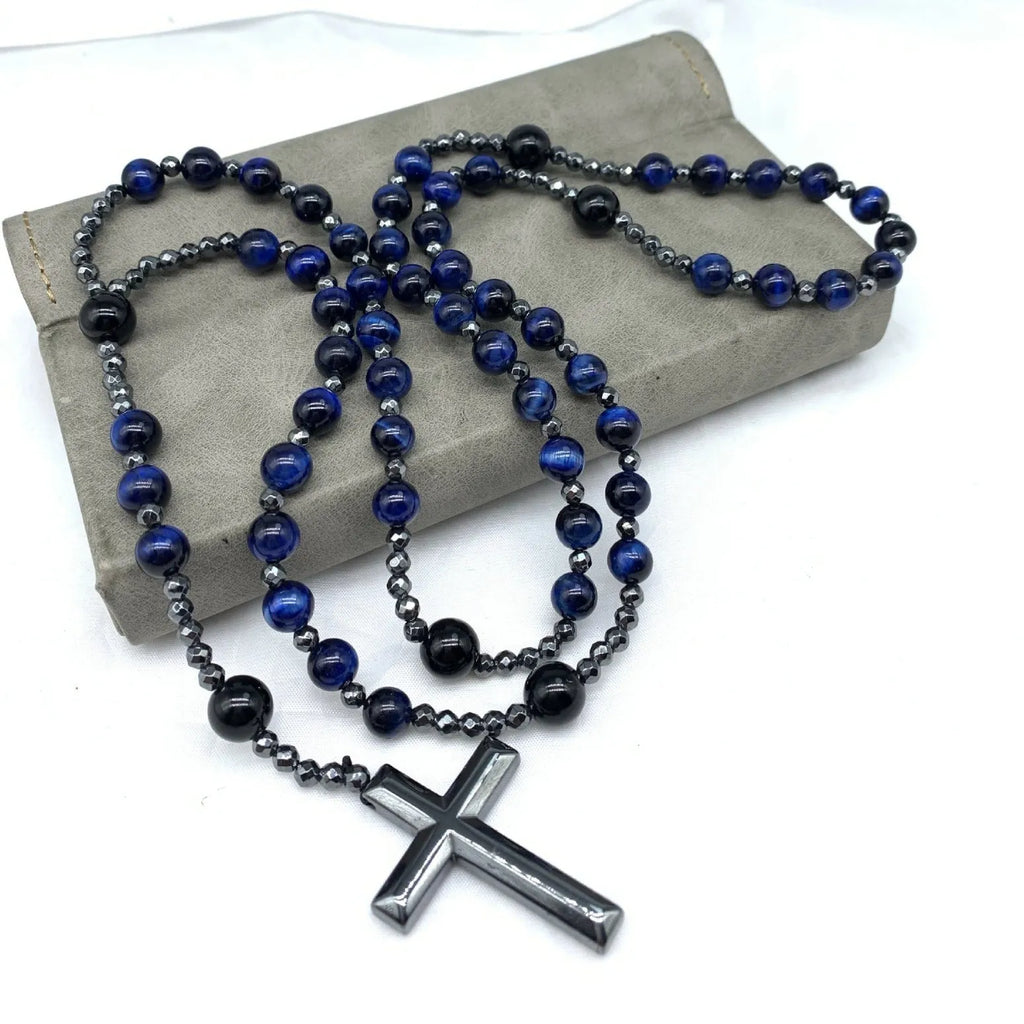 Men's stone cross pendant necklace with hand-woven detail on an 80cm ball bead chain.