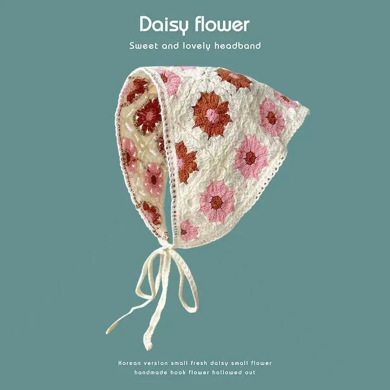 Cotton triangular headscarf with French retro floral pattern in multiple colour options