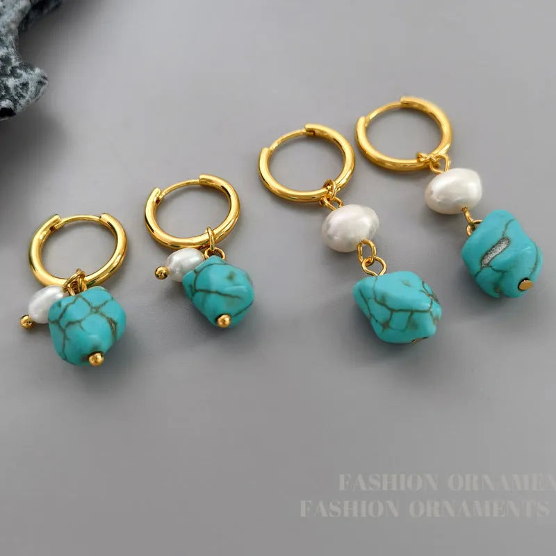 Turquoise irregular geometric cultured pearl earrings with copper setting in short and long styles