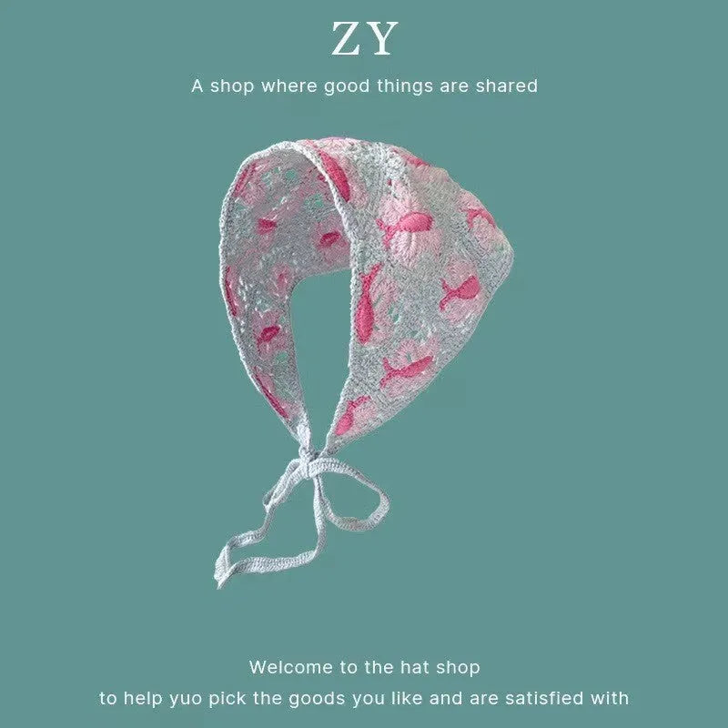 Cotton triangular headscarf with French retro floral pattern in multiple colour options