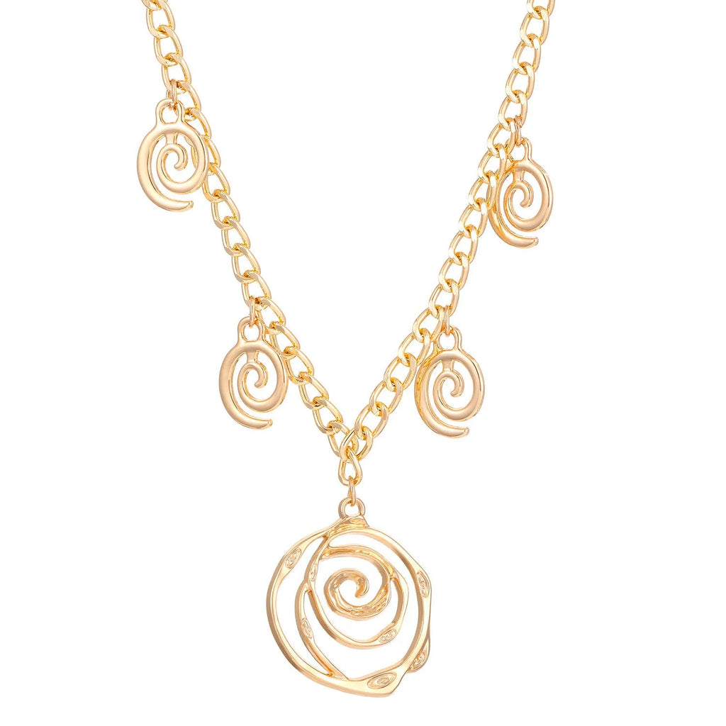 Spiral donut design necklace, bracelet, and ear hook set in gold or silver plating on a dark background.