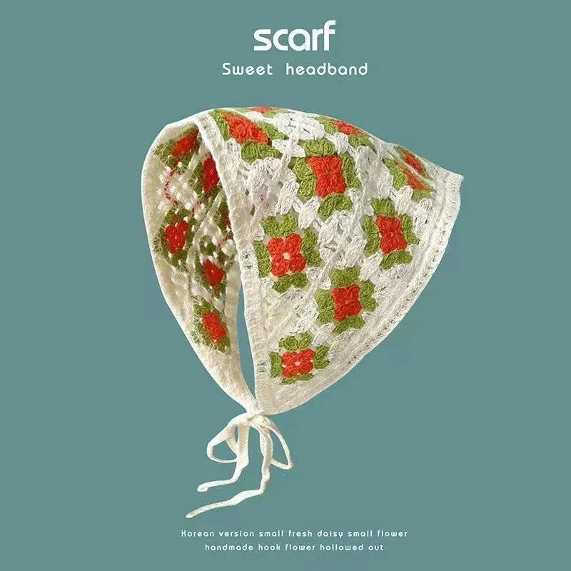 Cotton triangular headscarf with French retro floral pattern in multiple colour options