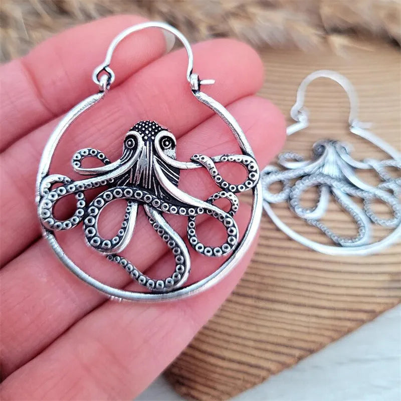 Vintage antique silver octopus earrings with zinc alloy construction and retro animal design