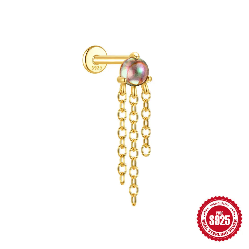 S925 sterling silver thread piercing earring with super shiny rainbow stone flat head in single gold colour.