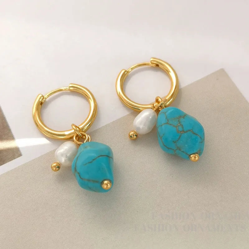 Turquoise irregular geometric cultured pearl earrings with copper setting in short and long styles