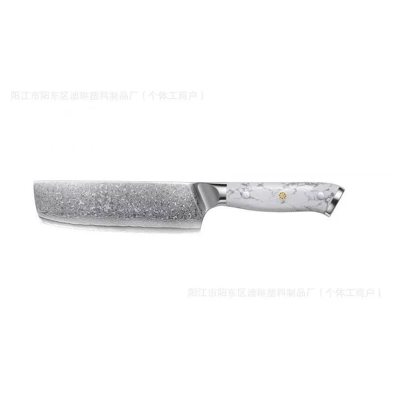 Damascus pattern chef's knife with 21cm VG10 steel blade and dark handle on a wooden surface.