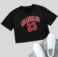 A loose-fit black cotton t-shirt with printed white English letters and an exposed navel design.