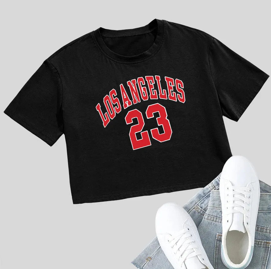 A loose-fit black cotton t-shirt with printed white English letters and an exposed navel design.