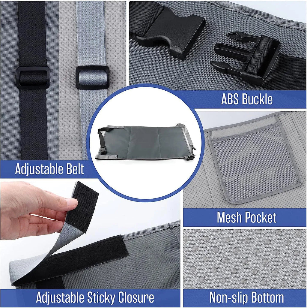 Portable blue children's aircraft seat extender with adjustable pedal device and matching drawstring pocket.