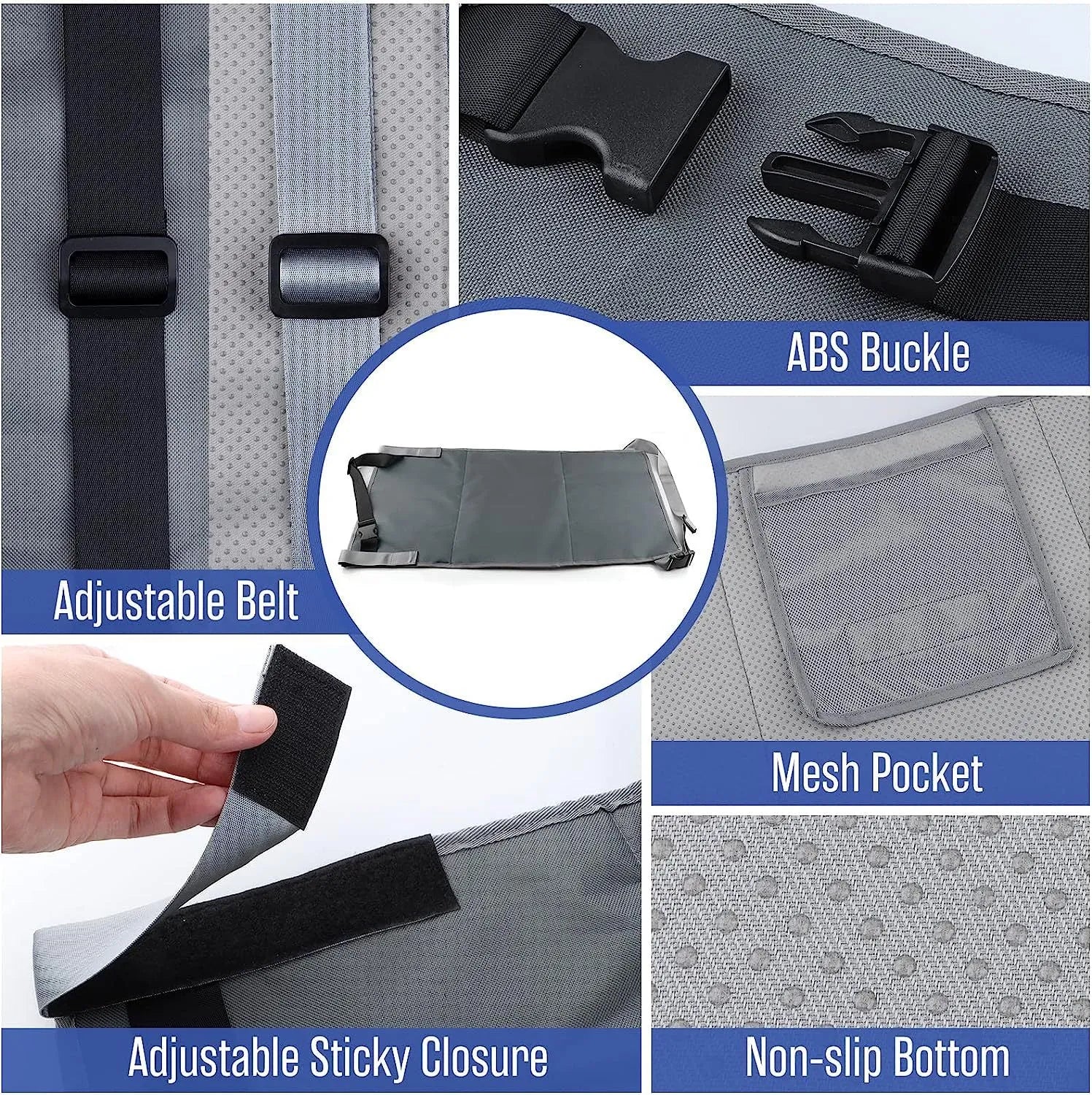 Portable blue children's aircraft seat extender with adjustable pedal device and matching drawstring pocket.