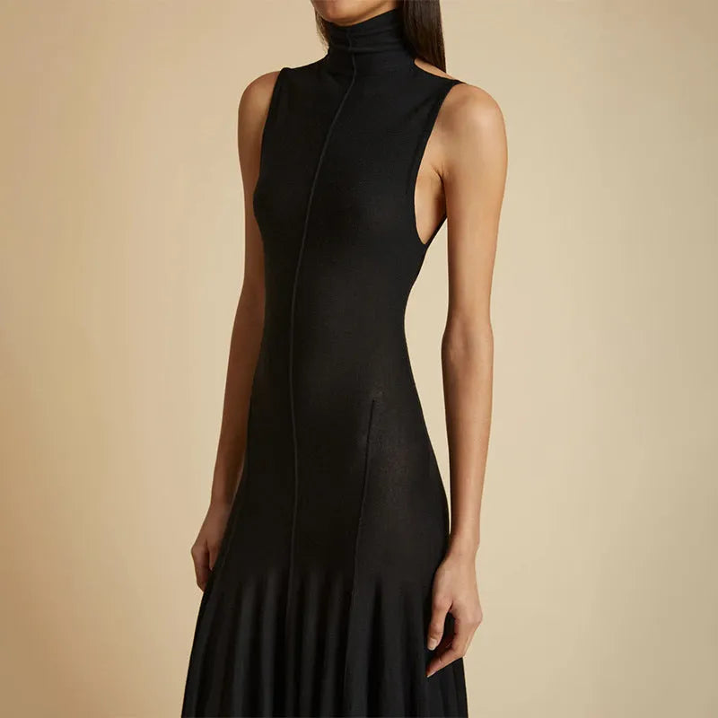 Grey slim-fit backless dress with a half turtleneck and high waist