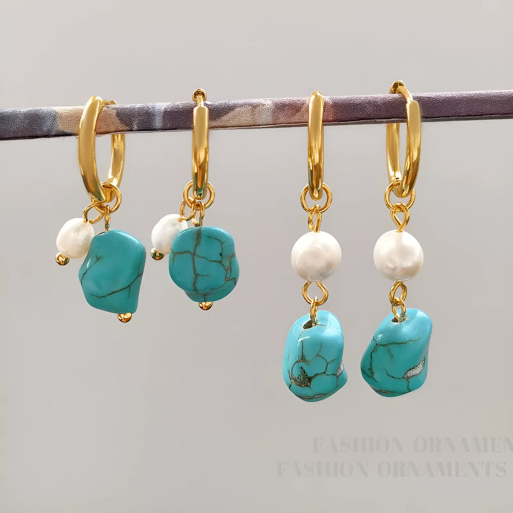 Turquoise irregular geometric cultured pearl earrings with copper setting in short and long styles