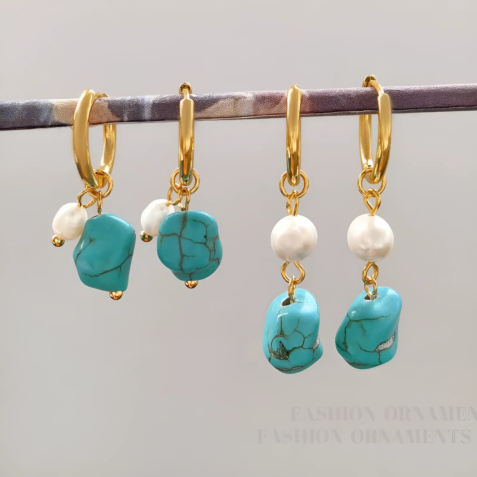 Turquoise irregular geometric cultured pearl earrings with copper setting in short and long styles