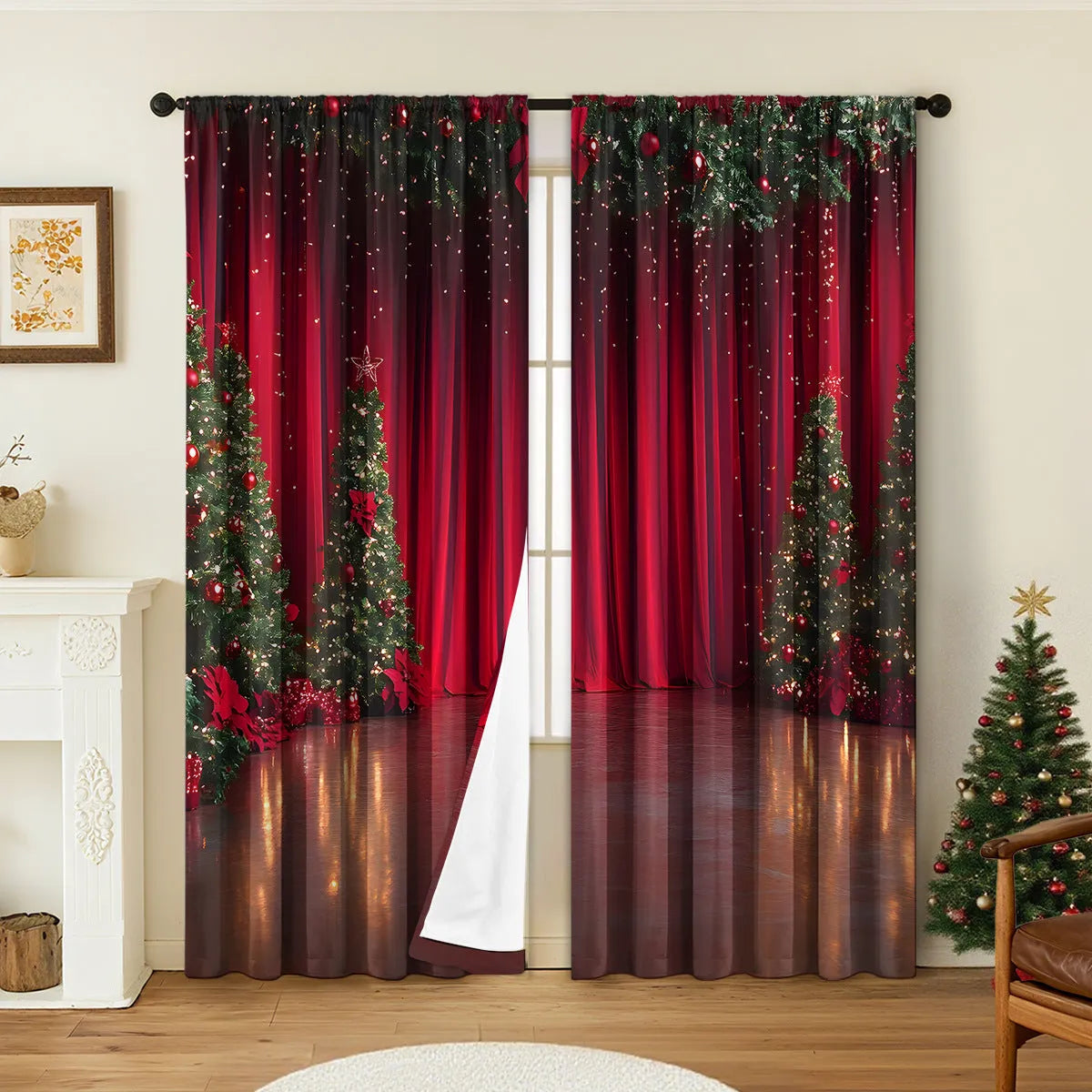 Pair of 3D digital printed polyester Christmas curtains with high sunshade capability in various sizes