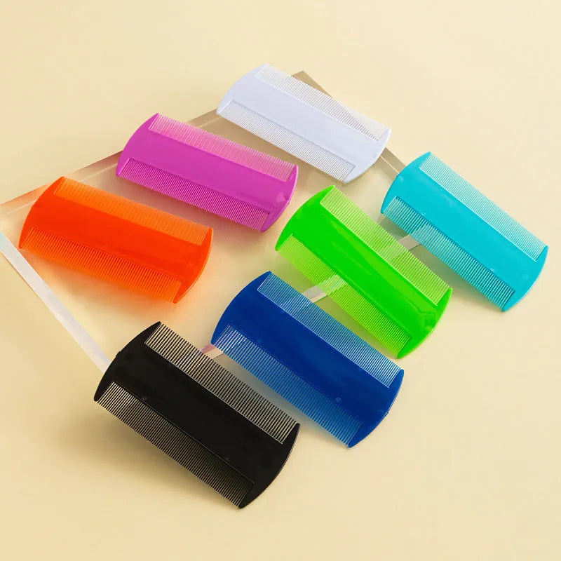 Plastic fine-toothed flea comb in assorted colours showing double-edged design for pet and human grooming