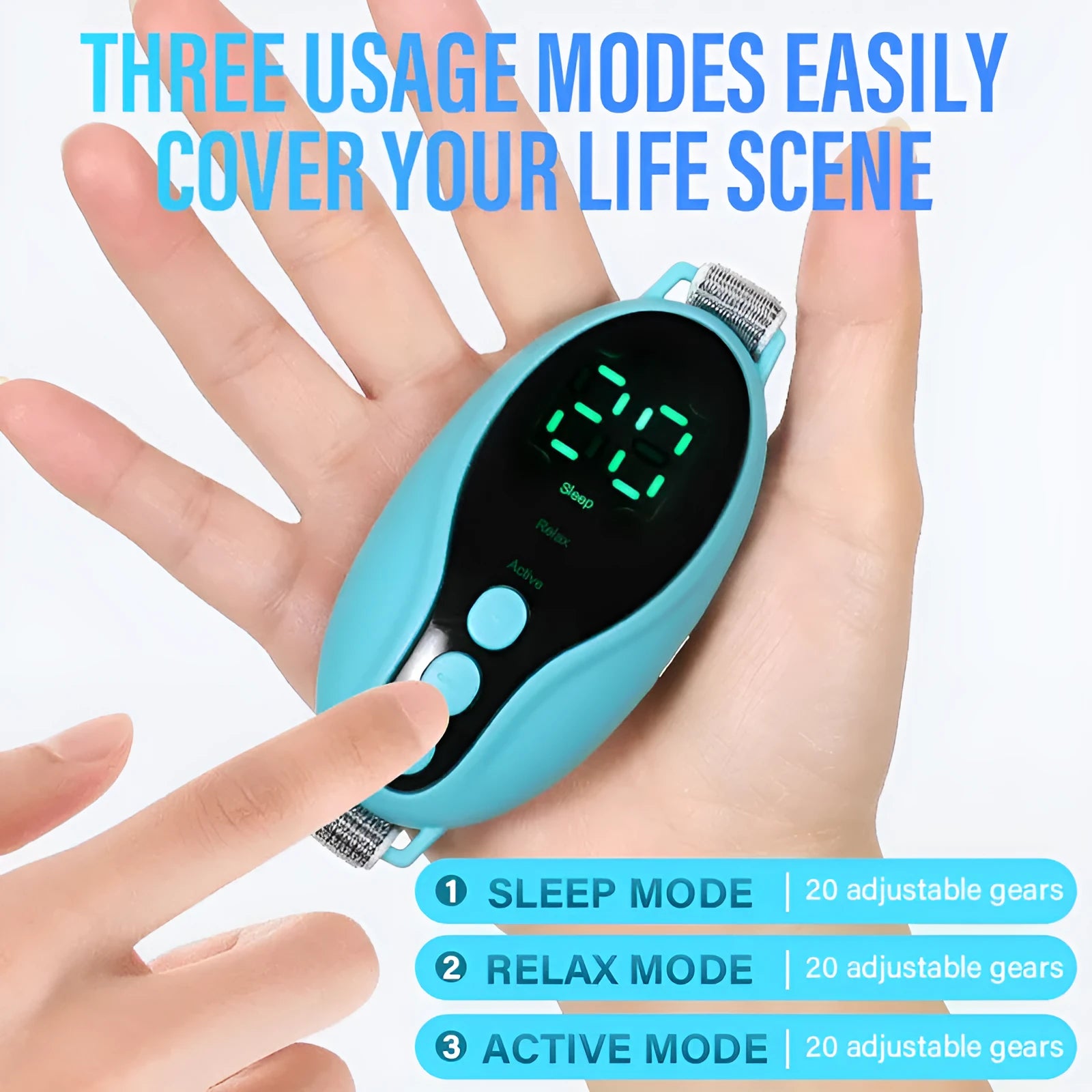 Blue and white USB rechargeable sleep aid device with adjustable wind speed settings