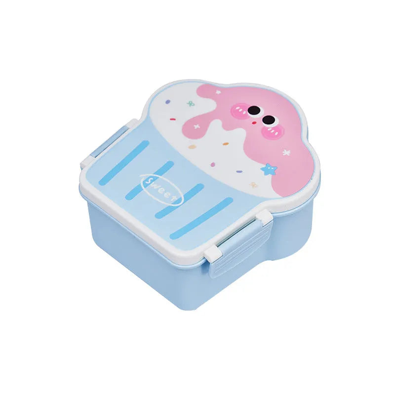 Pink and blue creative ice cream shaped plastic lunch box with compartments, shown with matching spoon and fork.