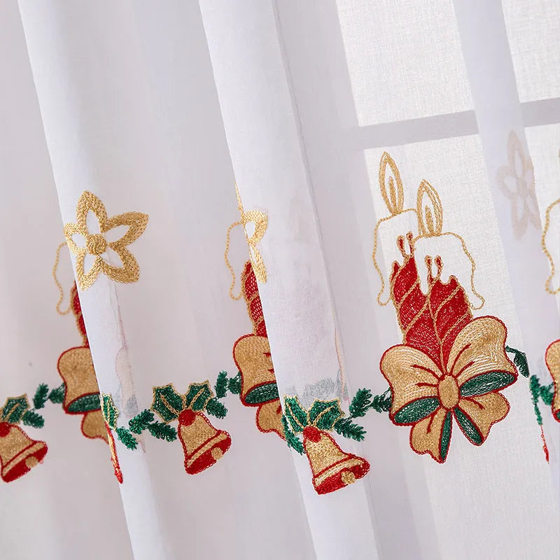 American Christmas curtains with white snowflake embroidery on red polyester fabric hung on window
