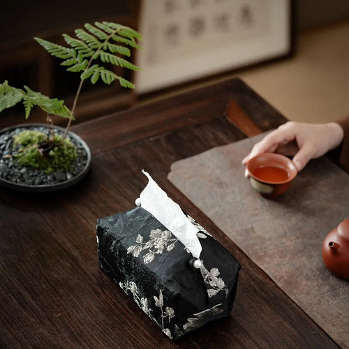 Chinese brocade fabric tissue box cover with embroidered white plum design, with and without pearl buckle options