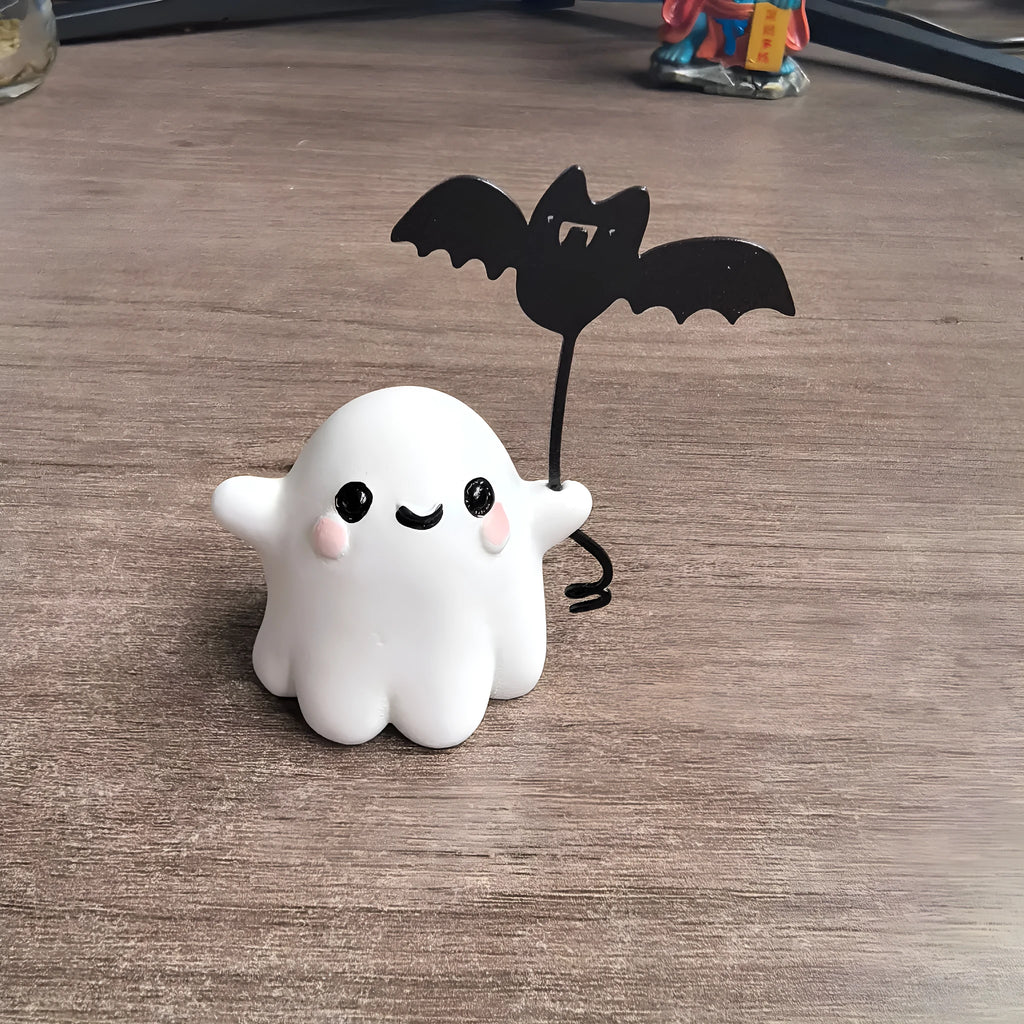 Mini ghost walking dog Halloween statue in resin, ghost holding bat design.