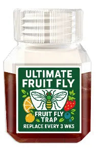 Bottle of SK003 fruit fly bait liquid with optional funnel for placement.