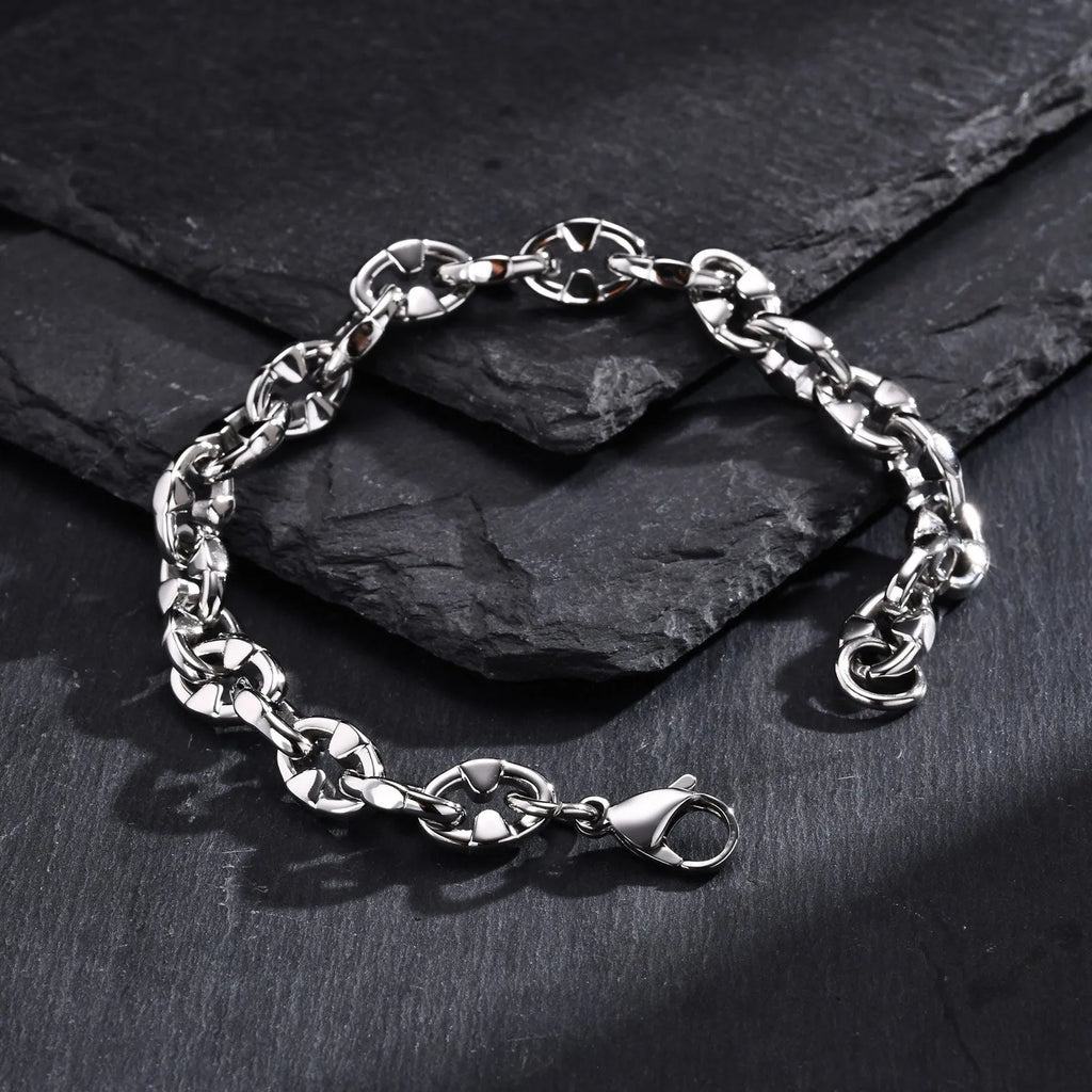 Handmade stainless steel thick chain bracelet with geometric links, steel colour, unisex hip hop style.
