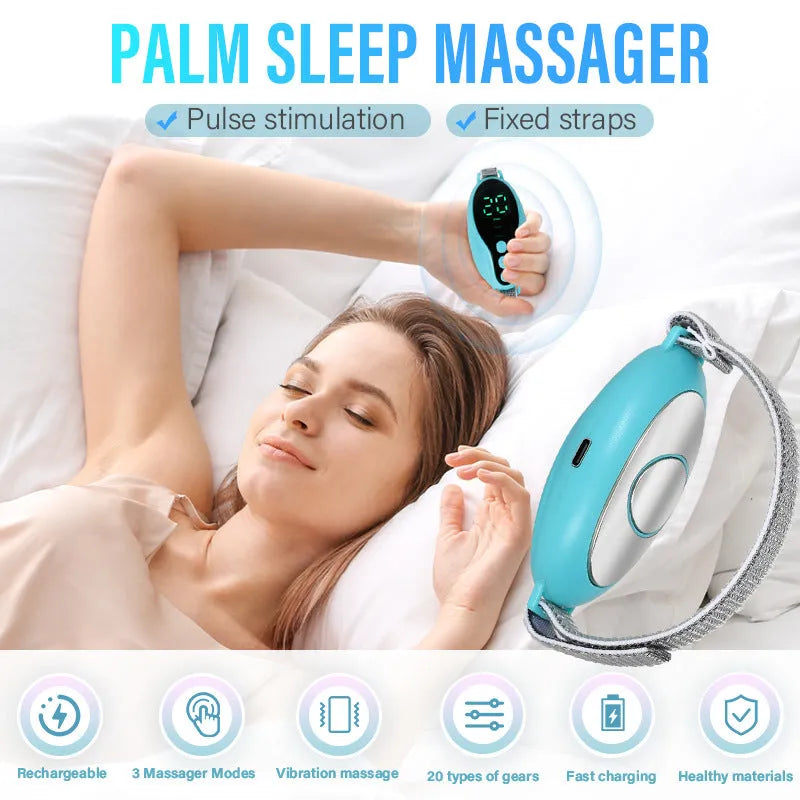 Blue and white USB rechargeable sleep aid device with adjustable wind speed settings