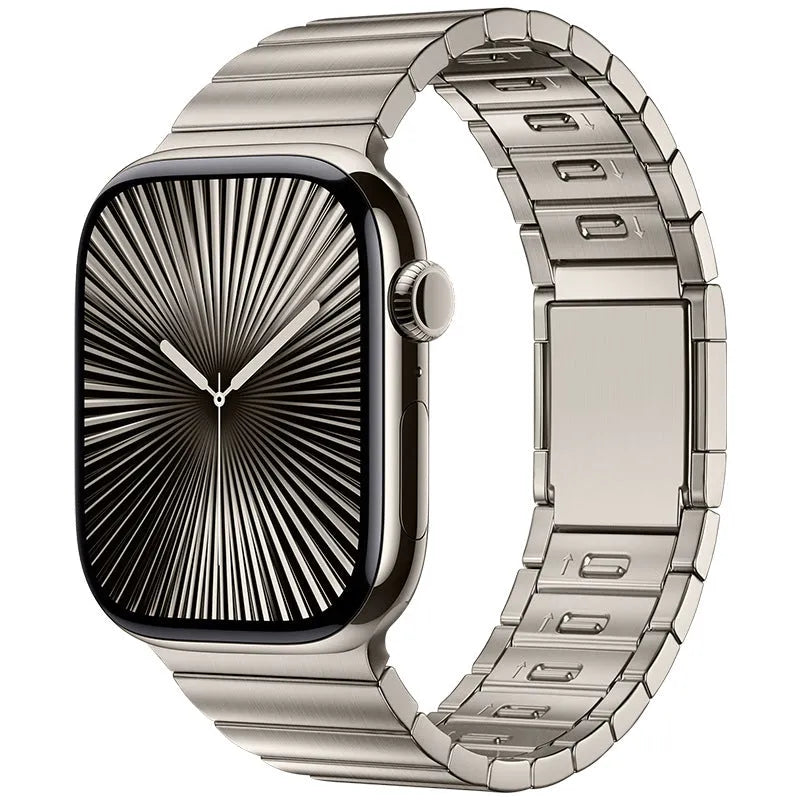 Silver magnetic buckle stainless steel strap for Apple Watch on a wrist