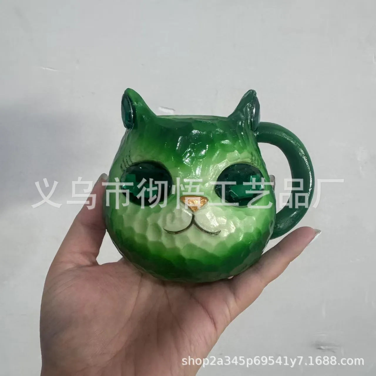 Translucent resin cat cup ornament in American style, shown in purple, green, blue, and pink colour options.