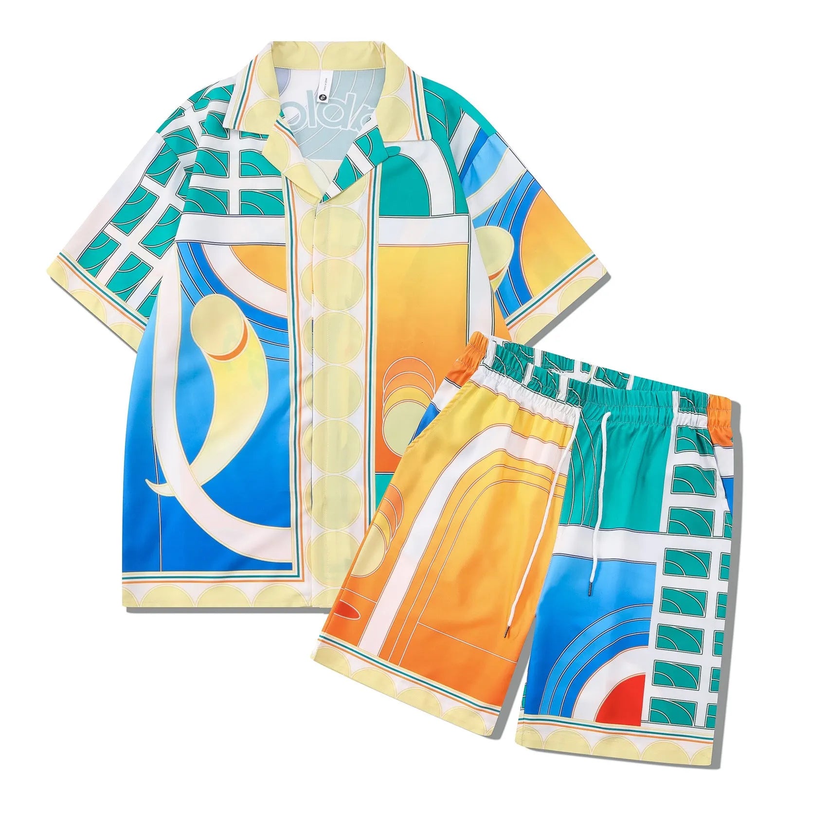 Men's plaid print short sleeve shirt and matching trousers, a two-piece casual beach outfit set.